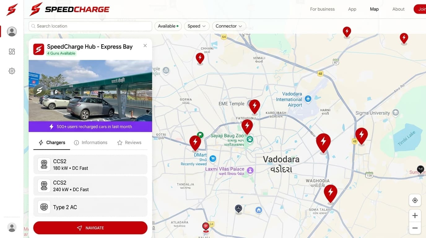 SpeedCharge live charging map showing real-time stations