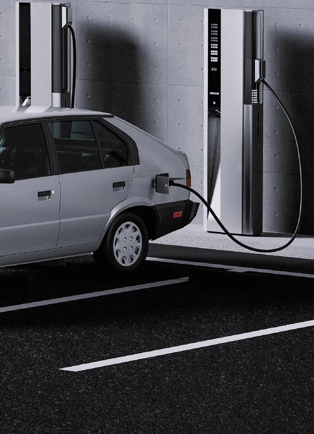 An EV plugged into a fast charger in a charging bay