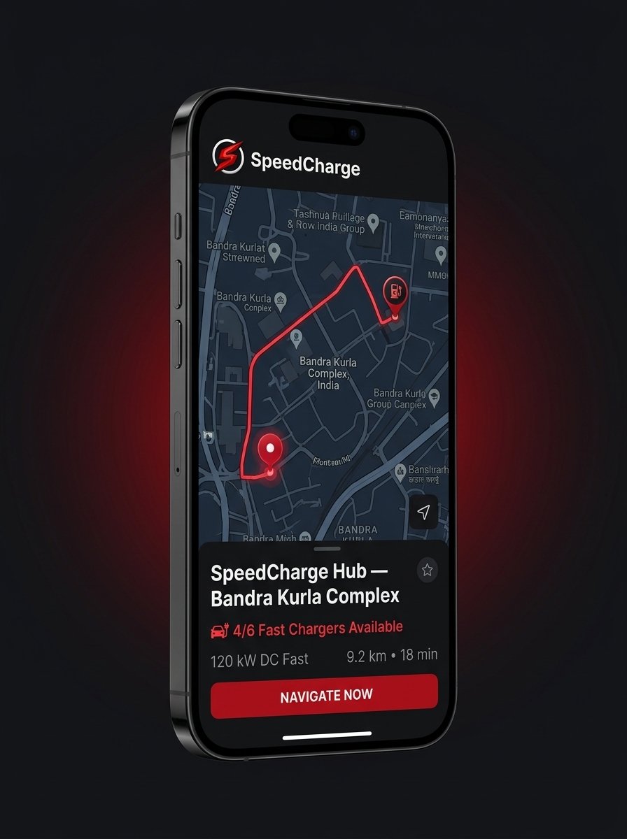 SpeedCharge EV App nearby chargers map with route navigation
