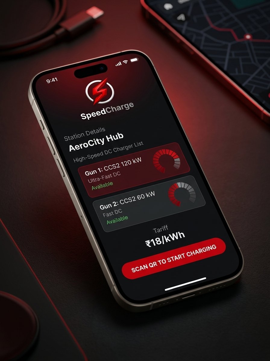 SpeedCharge EV App station details screen with high-speed DC fast chargers